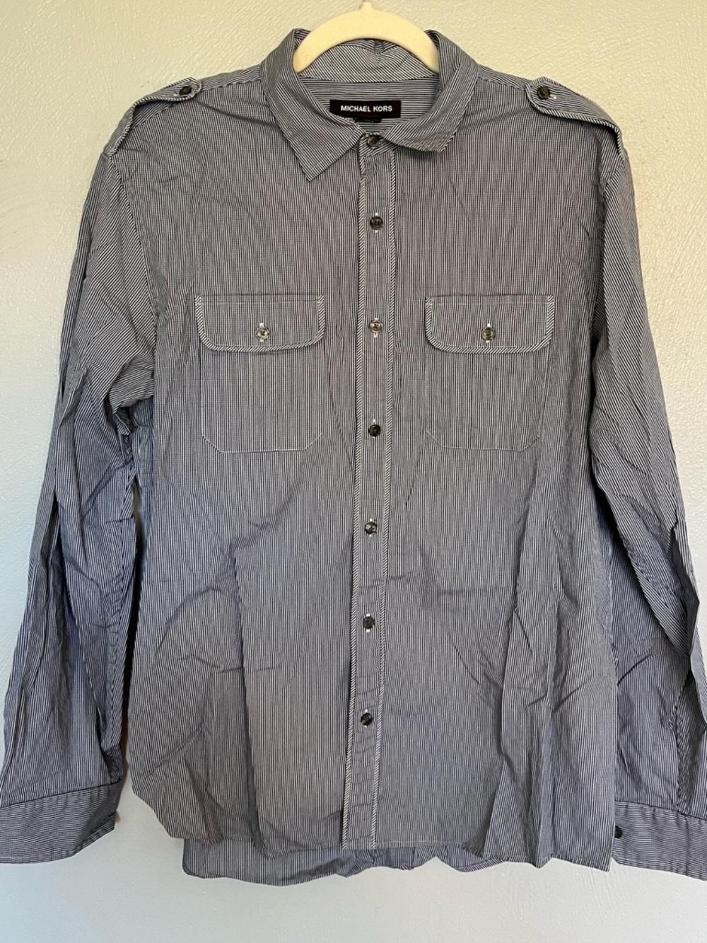 Michael Kors Blue White Stripe Button Down Shirt Large Cotton Military
